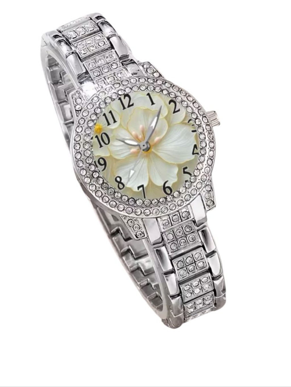 Womens Silver Crystal Color Bracelet Watch With Floral Dial